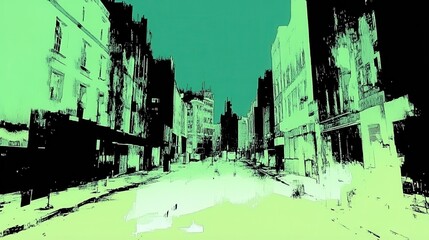 A stylized urban street scene depicted with bold graphic contrasts