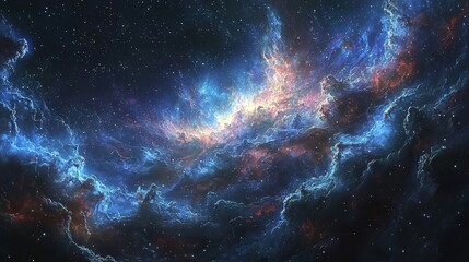 Fototapeta premium Vibrant cosmic nebula with swirling colors and stars in the dark universe