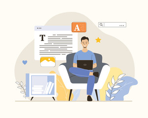 Fototapeta premium Man copywriter with article. Creating interesting content for websites and social networks. Social media blog, website. Flat vector illustration.