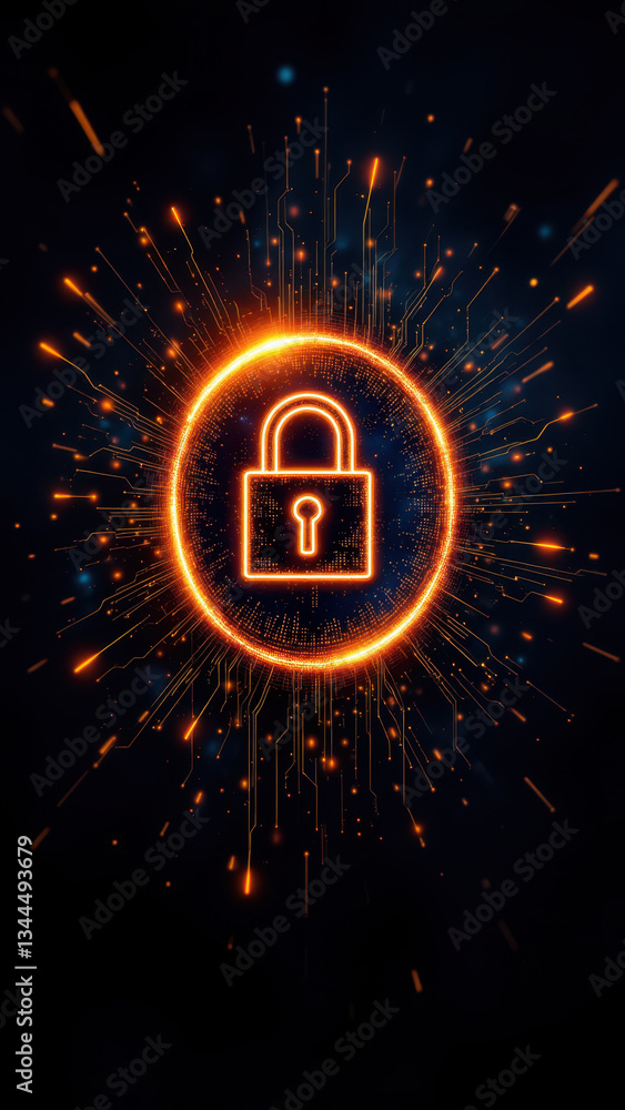 Aufkleber cybersecurity key visual with glowing lock icon and digital explosion on dark background.
