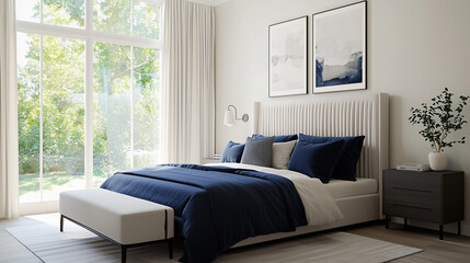 Tranquil Contemporary Bedroom Design with Neutral Tones and Blue Accents