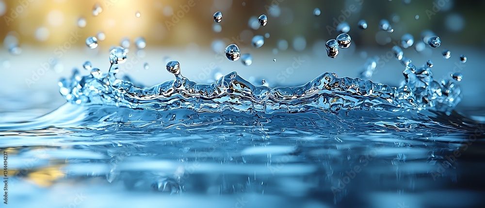 Poster water surface bursting with droplets, calm reflections and ethereal light creating a dynamic and vis