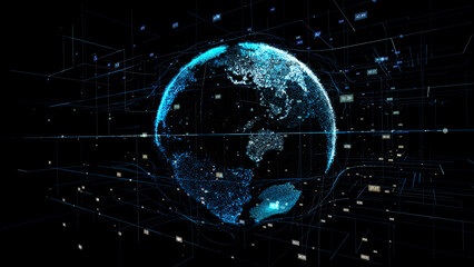 Obraz premium Business scientific global network, World digital grid data communication. Digital earth future HUD technology background Concept.