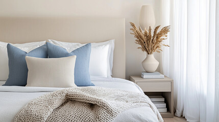 Modern bedroom design with sculptural lamp and muted blue accents