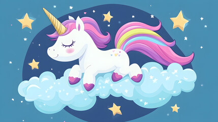 Magical Unicorn Dreaming of Love in Sky Cartoon Vector Icon Illustration