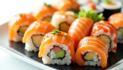 Close-up vibrant sushi platter, various rolls, white backdrop , background, plate
