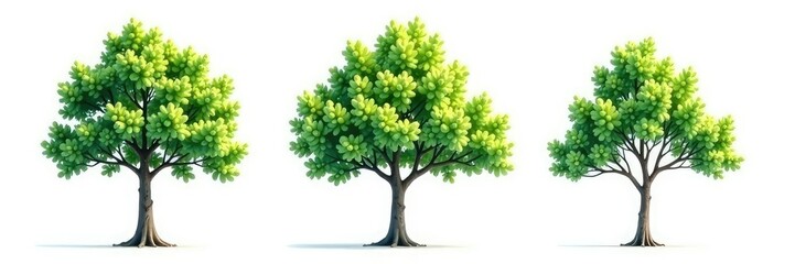 Fototapeta premium Three isolated branches on a white background with varying shades of green, monochromatic, tree