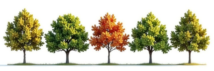 Naklejka premium A row of isolated tree branches in shades of brown and green on a white background, simple, solitude, tree branches