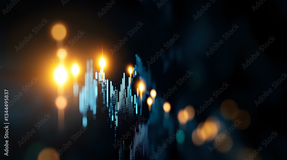 Poster glowing financial chart with golden and blue bokeh lights showing market data visualization on dark 