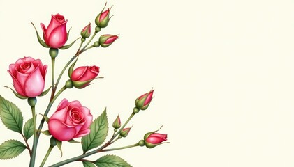 Delicate watercolor rose buds and leaves on a cream background , seamless, elegant