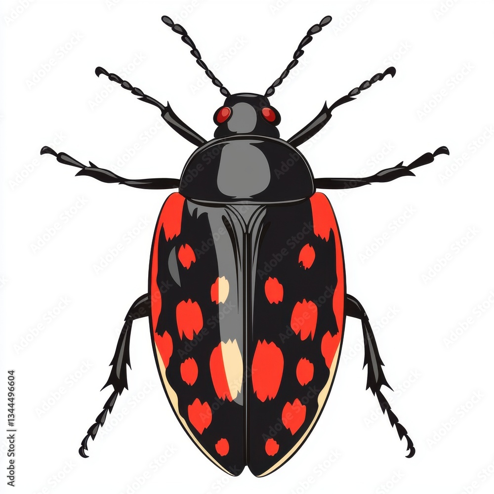 Poster colorful insect illustration with red and black patterns on a white background for nature and scienc