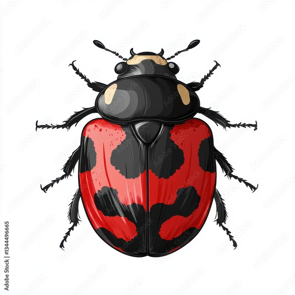 Poster detailed illustration of a colorful beetle displaying vibrant red and black patterns with fine textu