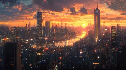 Futuristic city skyline at sunset; aerial view of a vibrant, technologically advanced metropolis; vibrant cityscape at golden hour; perfect for wallpaper or background use
