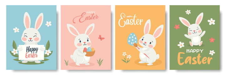 Happy Easter Bunny Greeting Cards Set. Gift Cards with Cute Cartoon Rabbits with Easter Eggs, Festive Holiday Design. Pastel Spring Colors, Adorable Kids Illustration, Vector Art