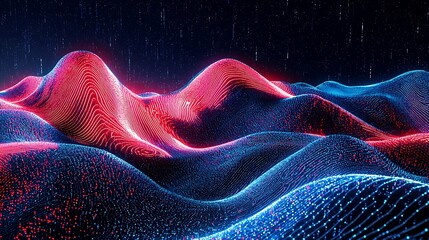 Abstract landscape with neon waves and streaming lights for tech visuals or backgrounds