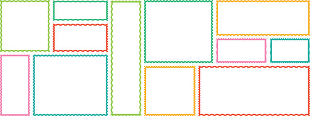 Wave and curvy borders. Squiggle frames set. Cloudy wave frame. Wavy scalloped doodle drawn style for decoration. Outline Rectangle frames with wavy edge. Rectangular curved line shape. Vector set