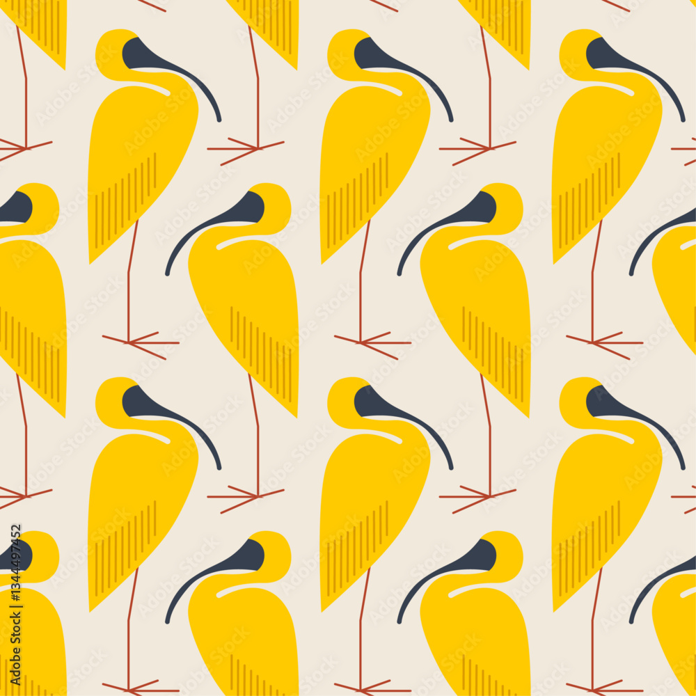 Poster Pattern with yellow storks. Vector avant-garde pattern with birds.