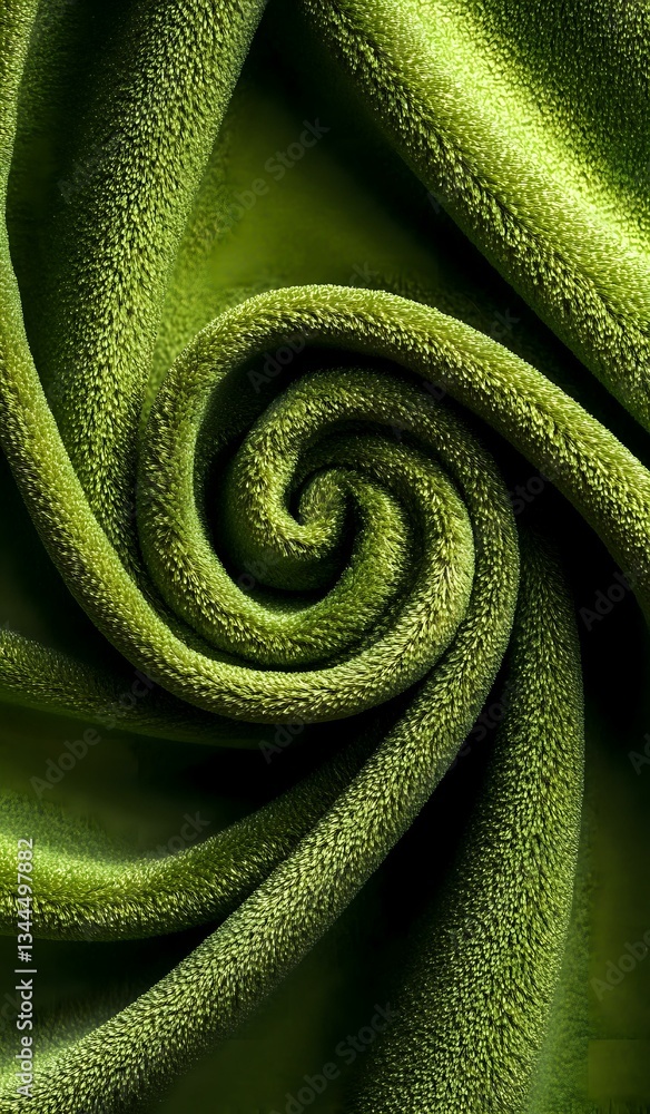 Poster mesmerizing spiral pattern in deep green textured fabric creates hypnotic swirl effect against dark 