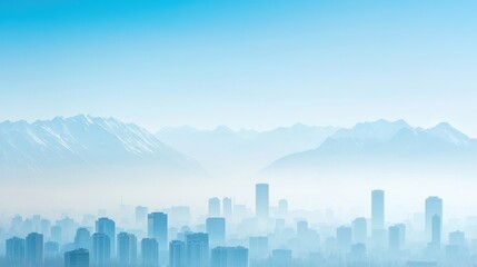 Fototapeta premium Serene Cityscape with Misty Mountains and Urban Skyline at Dawn