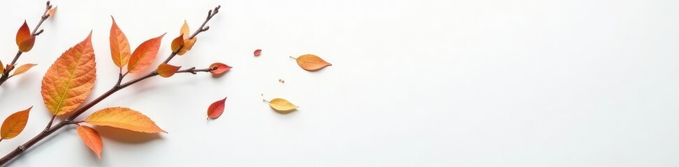 Naklejka premium small branches on white surface with scattered leaves, texture, small branches, simple
