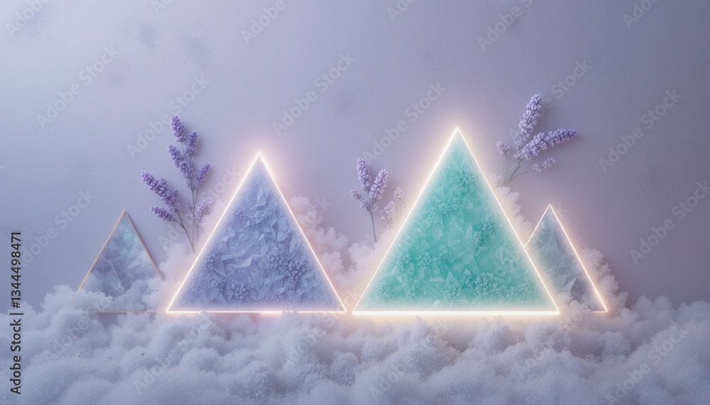 Poster illuminated geometric shapes floating above misty clouds ethereal nature scene digital art soft colo