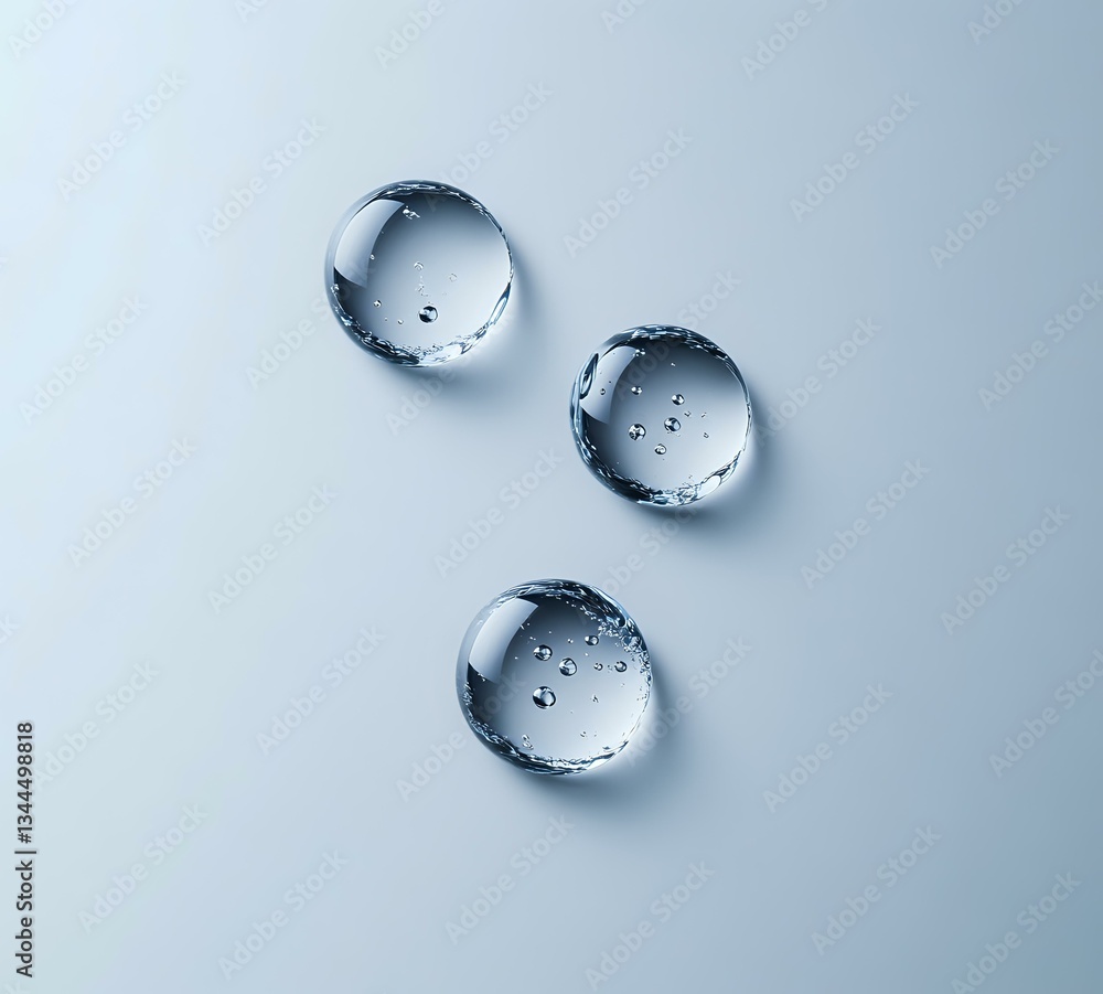 Poster clear water drops on light surface create minimalist composition with natural refraction and shadows