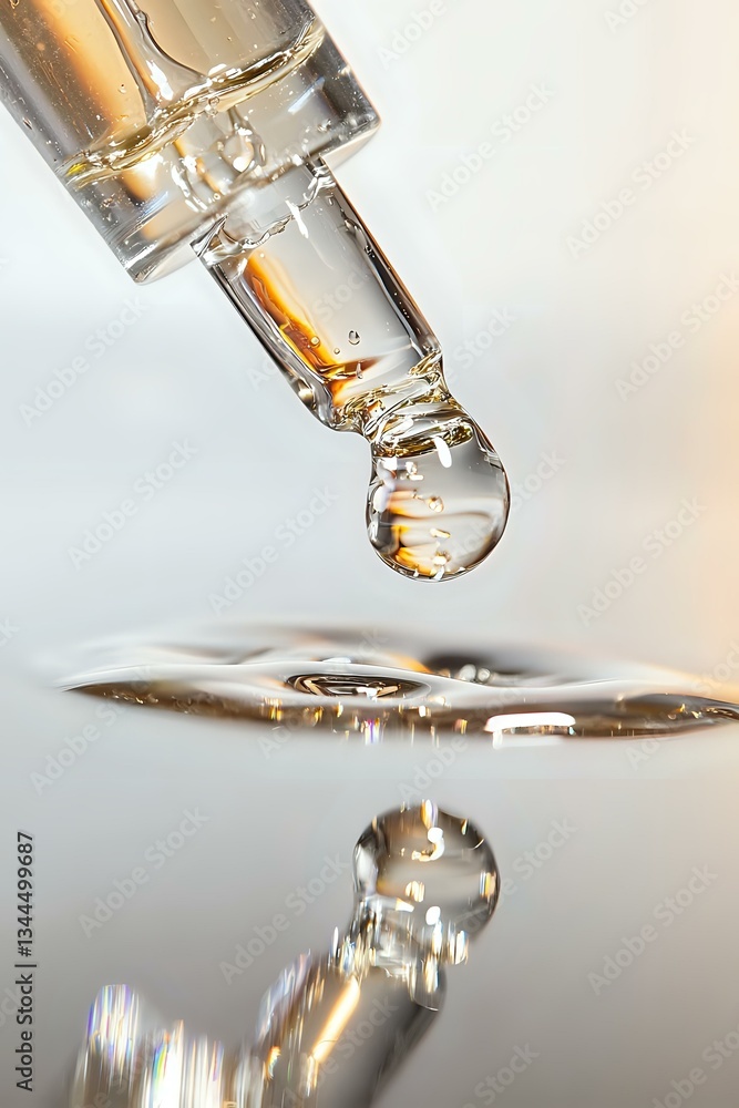 Poster crystal clear water drop falling and reflecting in mirror surface, captured in macro with golden lig