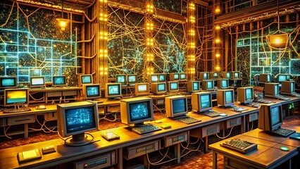 Obraz premium Vintage Cyber Hacker: Retro Tech, Digital Intrusion, Data Breach, Network Security, Encrypted Code