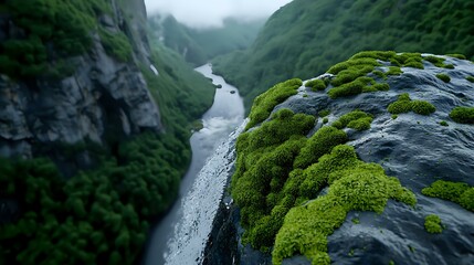 Dramatic aerial view of mossy rocks overlooking winding river in misty mountain gorge, green vegetation covering steep cliffs creates mystical atmosphere.