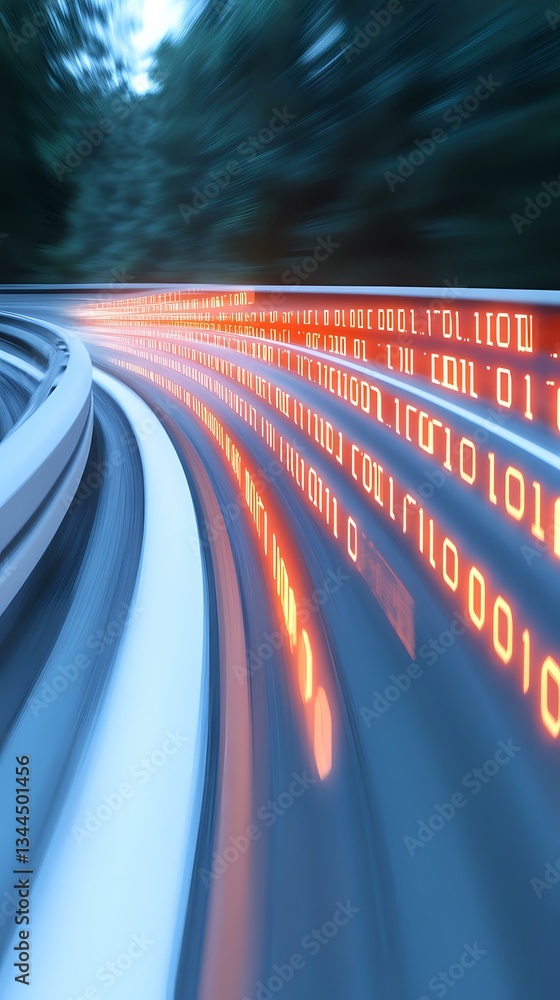 Poster abstract digital tunnel with glowing orange binary code streams flowing through curved white structu