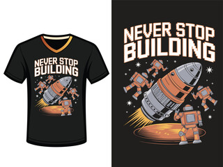 A black t-shirt graphic design features a rocket launching into space, with stylized robots celebrating the achievement