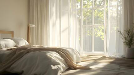 Sunlit Bedroom with Neutral Tones and Sheer Curtains