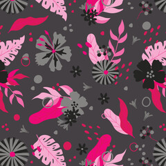 Colorful hibiscus flower with tropical leaf seamless pattern design for summer holidays background.