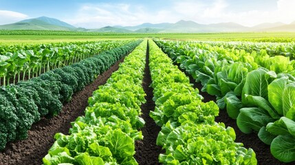 Fototapeta premium Lush Green Vegetable Fields Under Bright Sunlight in Landscape