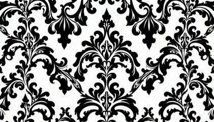 Bold, swirling damask pattern with high contrast, black and white, clean, black