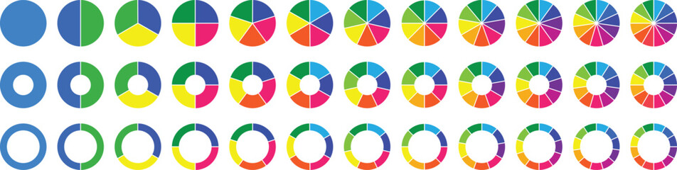 Circle pie chart diagram. Set of pie charts diagrams. Pie chart divided 2, 3, 4, 5, 6,7, 8, 9, 10, 11, 12. equal parts. Circle section graph. Different color circles. Colorful diagram graphs.