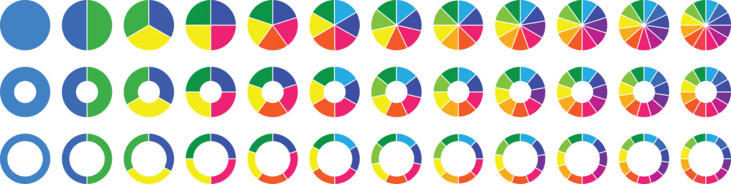Circle pie chart diagram. Set of pie charts diagrams. Pie chart divided 2, 3, 4, 5, 6,7, 8, 9, 10, 11, 12. equal parts. Circle section graph. Different color circles. Colorful diagram graphs.