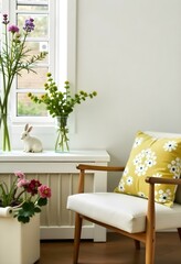 A white chair with a yellow floral pillow next to a window with flowers and bunny figures in a white room 