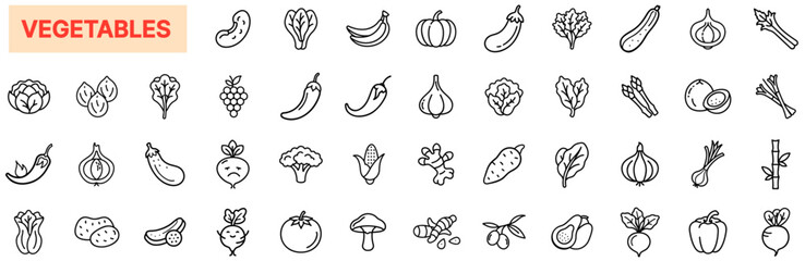 Vegetables Line Icons, Fresh Produce, Organic Food, Healthy Eating, Farming, Agriculture, Plant-Based, Nutrition, Garden Harvest, Vegan, Natural Ingredients
