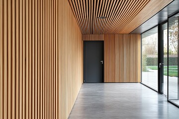 An interior hallway with wood panels and large glass windows