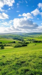Fototapeta premium Lush Green Hills and Blue Sky Landscape with Wind Turbines