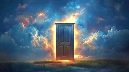 Solitary Wooden Door in an Empty Field Opening to a Vast Starry Sky – Surreal Symbol of the Unknown Future and Cosmic Exploration. Generative AI 