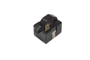 refrigerator compressor start relay, 1-Pin relay in black smooth plastic housing. on white...