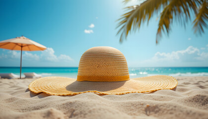 Yellow straw hat resting on sandy beach with palm tree and ocean view