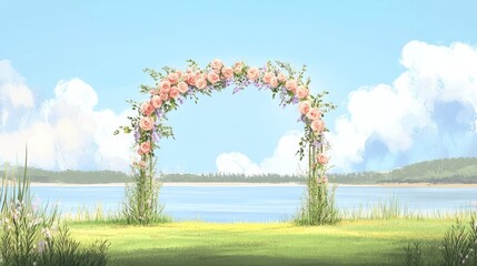 Floral archway wedding ceremony lakeside.