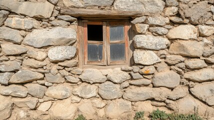 Weathered Wooden Window in Rustic Stone Wall