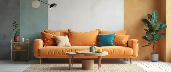 stylish couch in a modern living room with wooden accents and teal pillows
