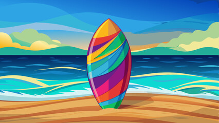 colorful surfboard resting on the sand, with ocean waves in the background