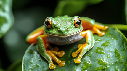 Agile tree frog clings to a tropical leaf, its bright skin and strong limbs adapted for survival in the dense jungle