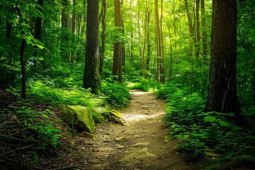 Obraz premium Path Through Lush Green Forest with Sunlight - Tranquil Nature Scene